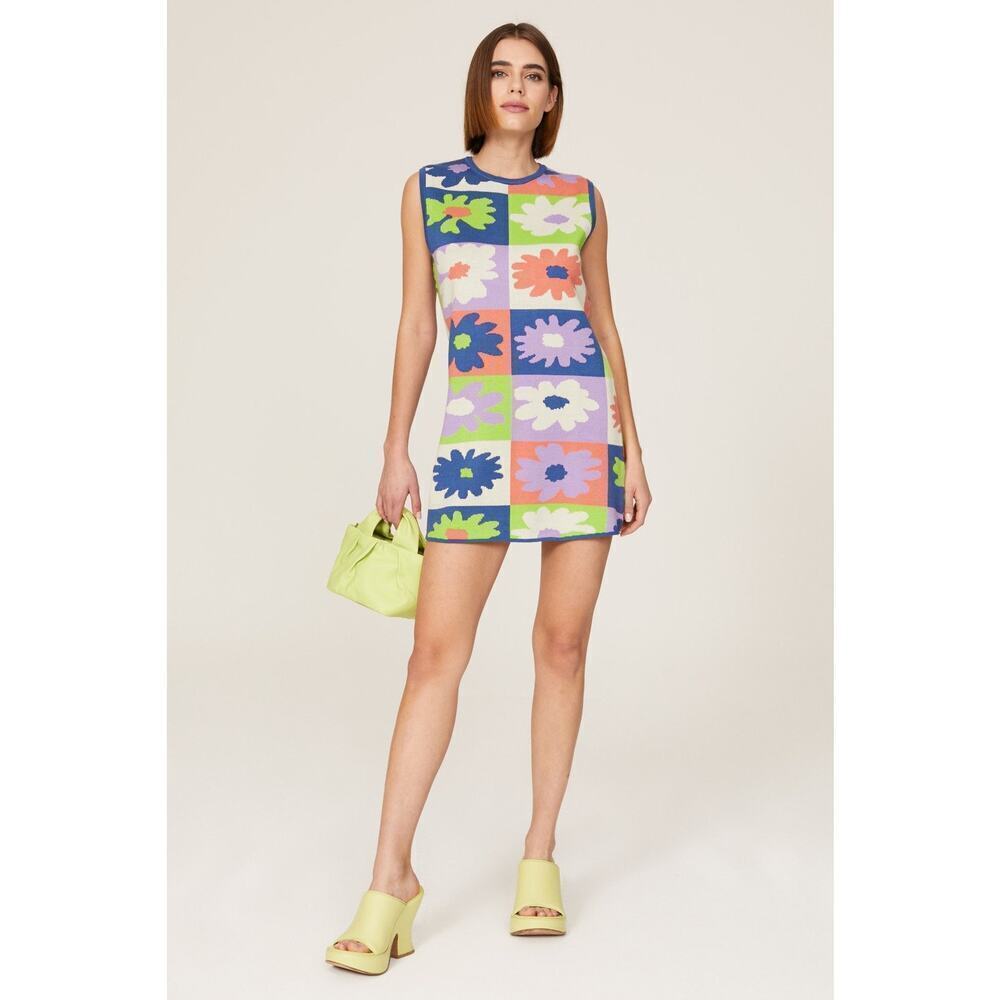 Louna Knit Shift Mini Dress Crew Neck Sleeveless Blue Printed Floral Multi SZ XS
